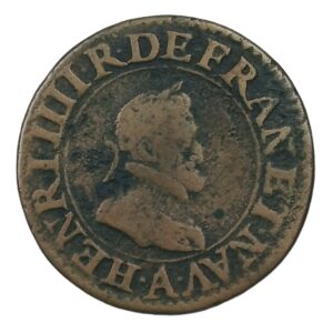 Double tournois – Henri IV – 1608 A Paris – 2,56 g – 20 mm – Cuivre – Type 2, légende française