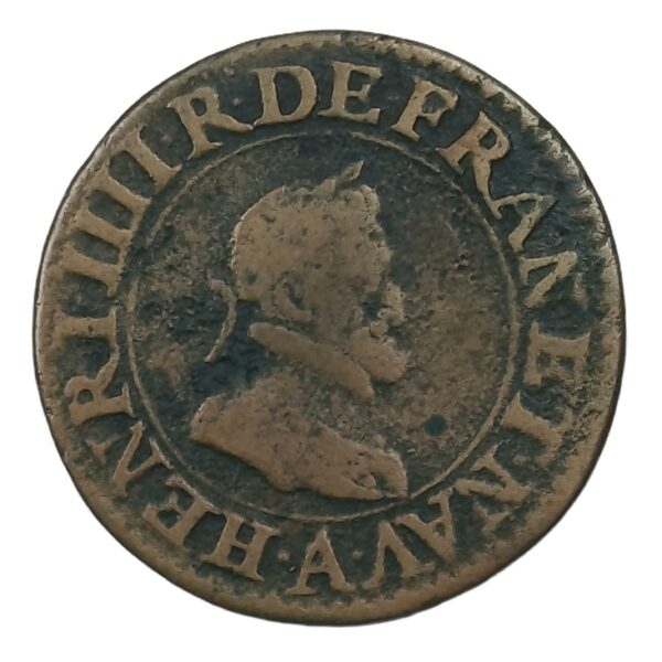 Double tournois – Henri IV – 1608 A Paris – 2,56 g – 20 mm – Cuivre – Type 2, légende française