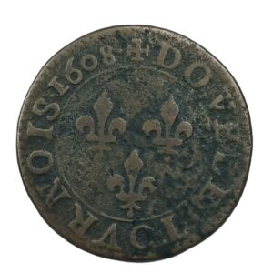 Double tournois – Henri IV – 1608 A Paris – 2,56 g – 20 mm – Cuivre – Type 2, légende française