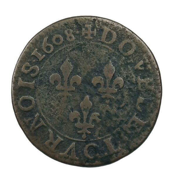 Double tournois – Henri IV – 1608 A Paris – 2,56 g – 20 mm – Cuivre – Type 2, légende française – Image 2