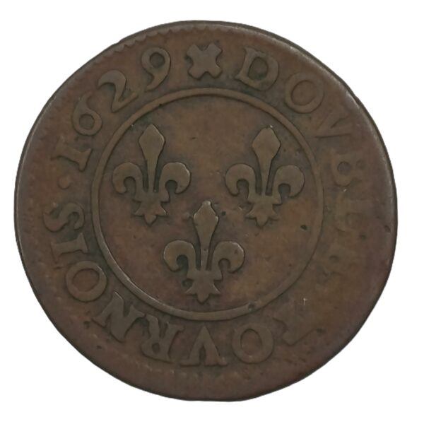 Double tournois – Louis XIII – 1629 D Lyon – 3,28 g – 22 mm – Cuivre – Type 6 – Image 2