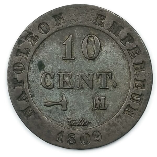 10 centimes Napoléon Ier – N couronné – 1809 M (Toulouse) – Billon – 2,17 g Qualité TTB+