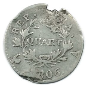 ¼ franc Napoléon Empereur – Calendrier grégorien – 1806 A (Paris) Argent État B– (traces de monture)
