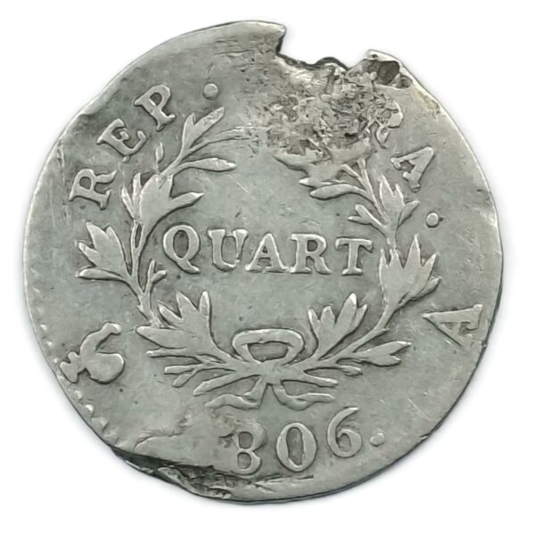 ¼ franc Napoléon Empereur – Calendrier grégorien – 1806 A (Paris) Argent État B– (traces de monture) – Image 2